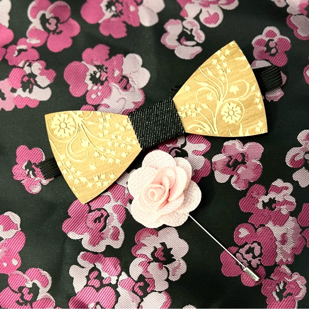 Floral Wooden Bow Tie and Pink Flower Pin Set